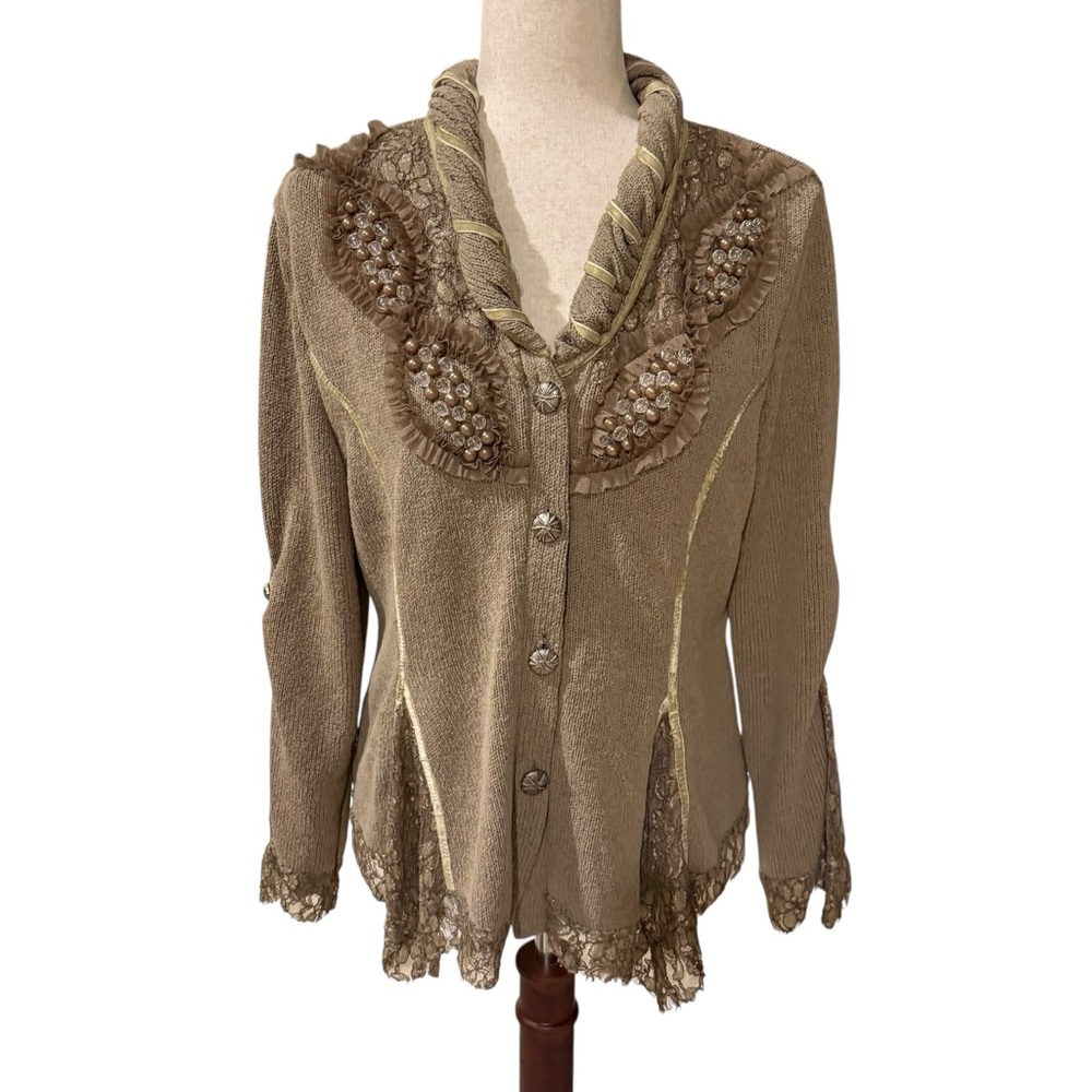 Pretty Angel Western Lace Beaded Cardigan Jacket Taupe Rodeo Boho Cowgirl